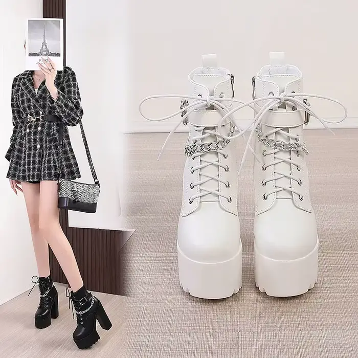 Bottines à Plateforme Punk en Cuir Véritable à Talons Carrés Hautes Pour Femmes Occasions Spéciales Grande Taille