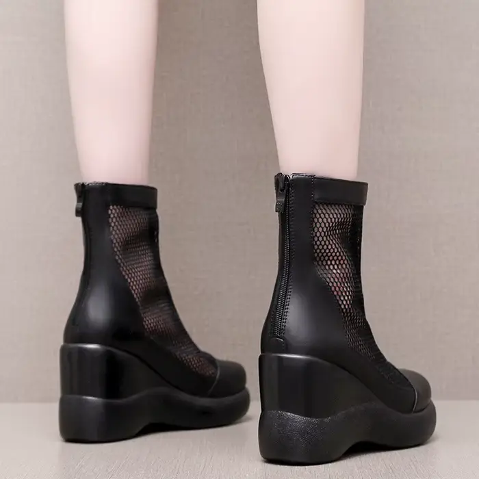 Bottines en cuir fendu et maille ajourée pour femmes, talons calés, style romain, été, bottes sexy et élégantes pour occasions spéciales
