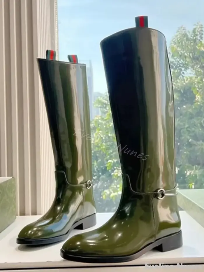 Bottes hautes en cuir verni pour femmes, bottes longues à enfiler en métal, talon épais, Parker rond