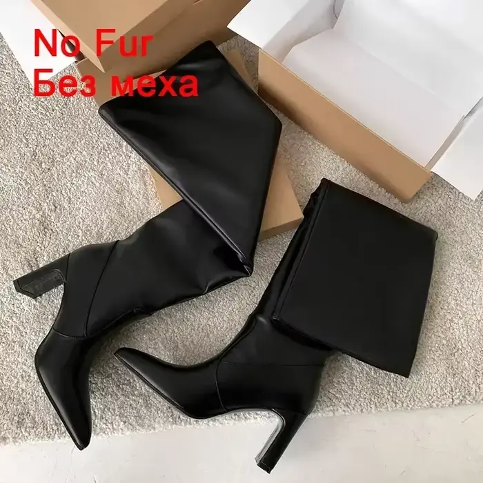 ZHAMTA-Bottes Froncées en Cuir group pour Femme, Chaussures à Talons Hauts, Longueur au Mollet Large