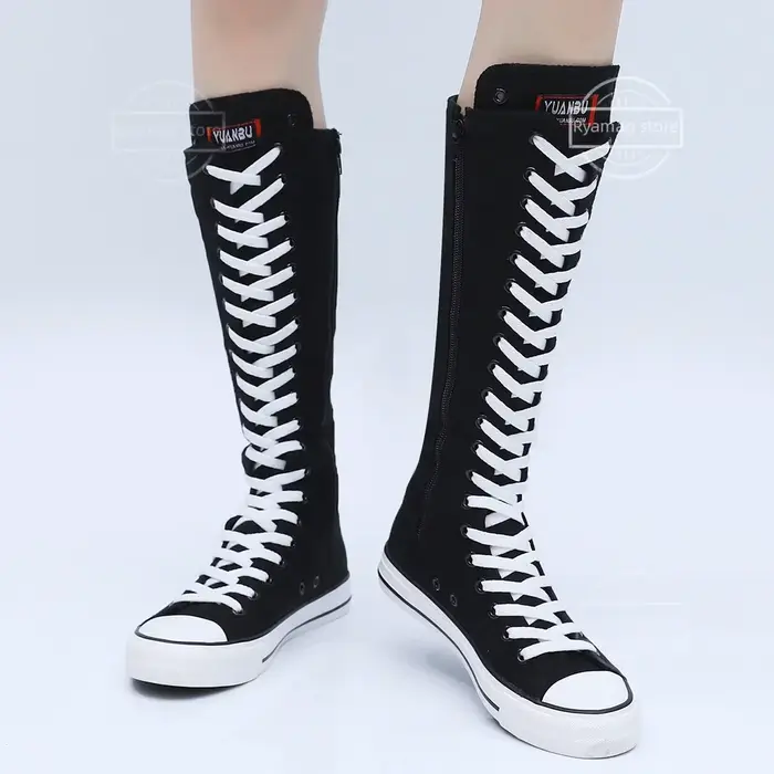 Bottes femmes baskets toile décontracté chaussures hautes botte longue à lacets fermeture éclair confortable