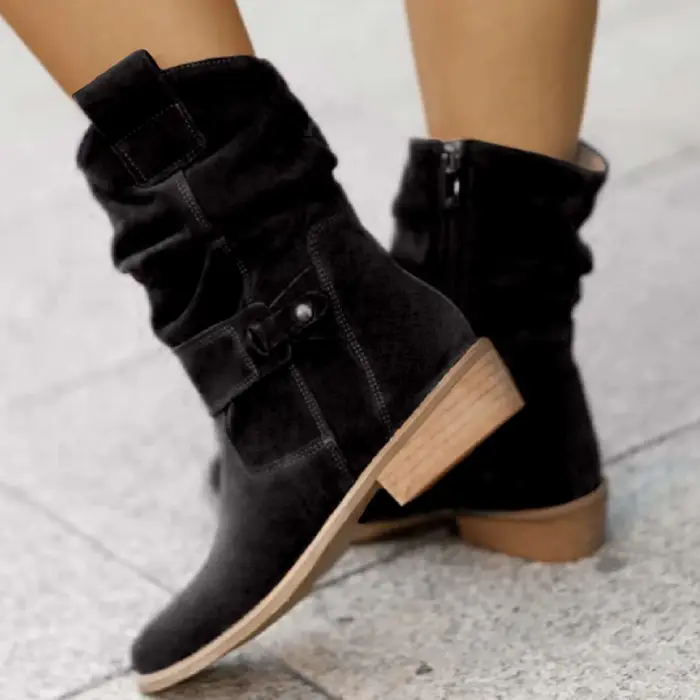 Bottines en daim à talons bas abricot pour femmes, bottes de Cowboy occidentales avec fermeture écla