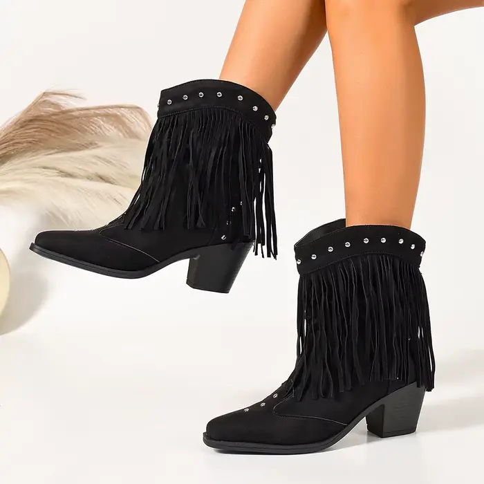 Bottines courtes noires pour femmes, bout carré, talon épais, bottes mi-mollet à pompons, polyvalent