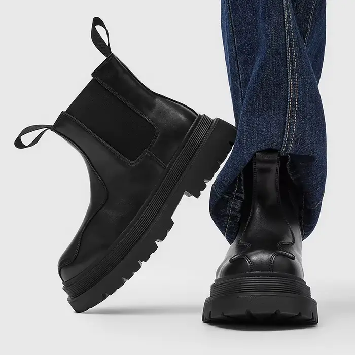 Bottes Chelsea Noires pour Hommes Style Moto Tige Haute Semelle Épaisse Chaussures Décontractées Occasions Spéciales