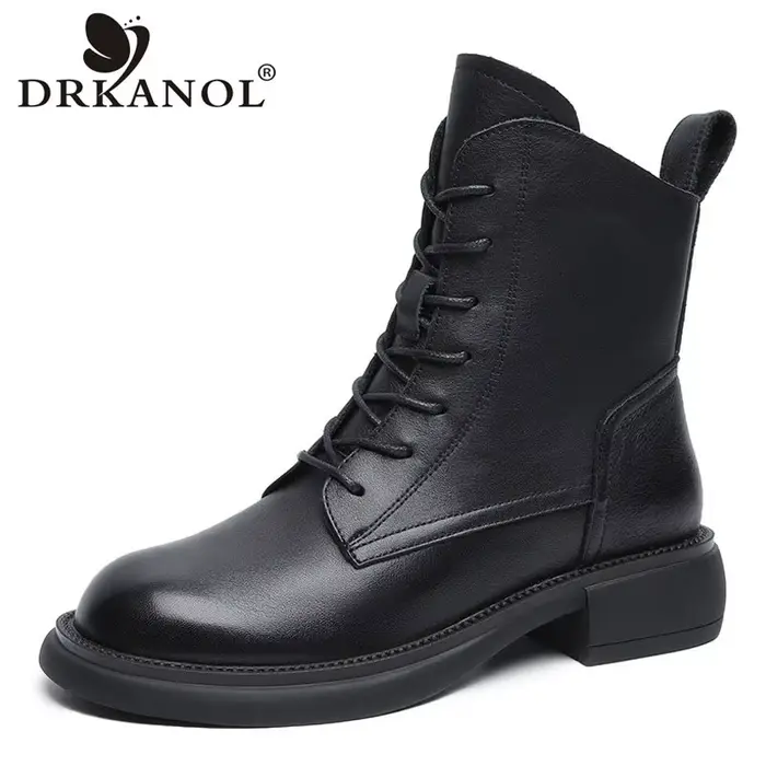 DRKANOL rétro femmes bottes automne hiver bout rond talon plat véritable cuir de vache Style de rue bottines