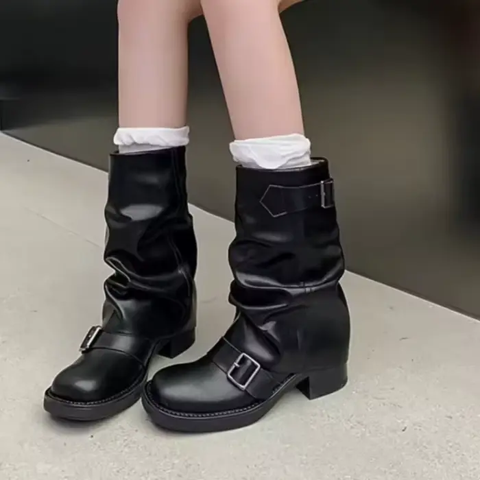 Bottes de motard rétro en cuir PU pour femmes