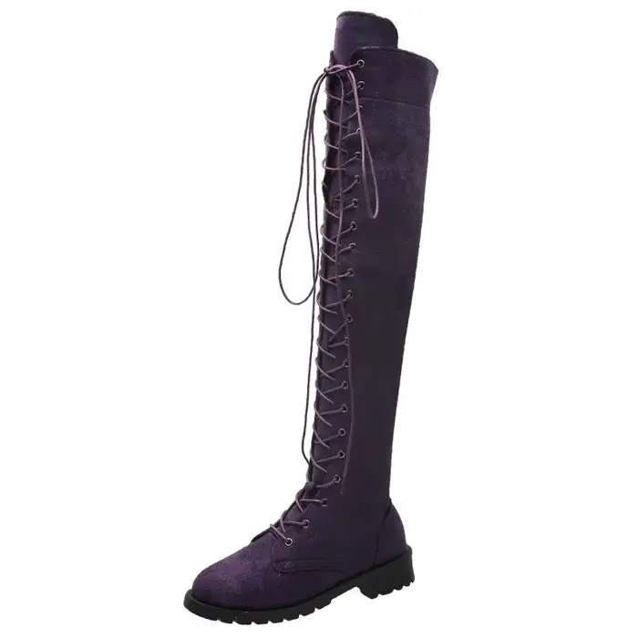 Bottes décontractées à talons bas pour femme, bottes d'hiver au dessus du genou, à lacets, à la mode