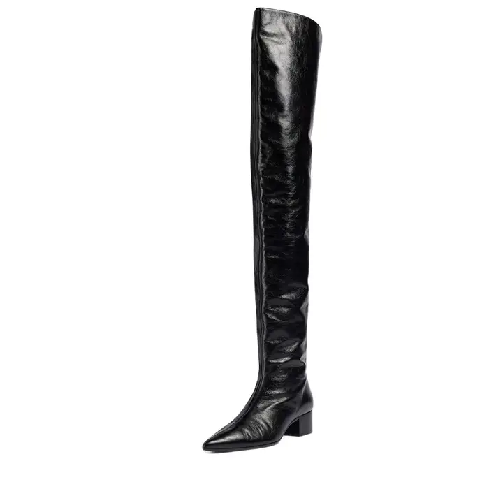 Bottes Arden Furtado Noires au-dessus du genou bout pointu talon carré moderne pour femmes punk et occasions spéciales