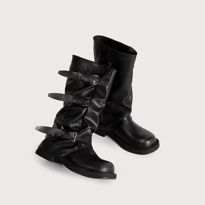 Bout rond rétro grosse plate-forme mi-bottes femmes marque concepteur Punk boucle chevalier bottes a