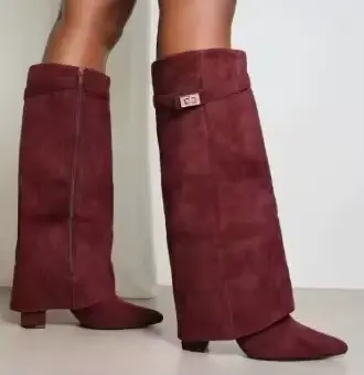 Bottes en cuir noires à bout pointu, talon épais, pliables, pour mollets larges, hauteur genou, avec