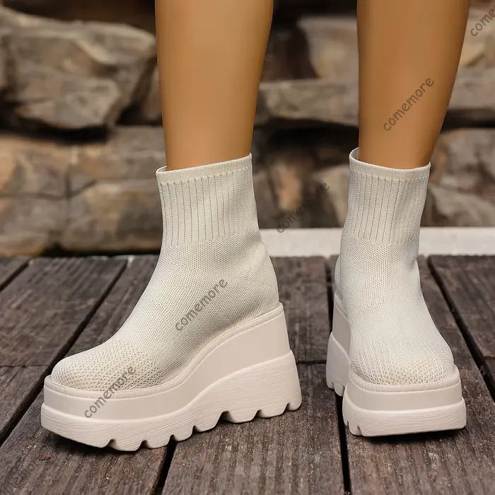 Comemore chaussettes bottes automne chaussures pour femmes compensées talons hauts tissage élastique