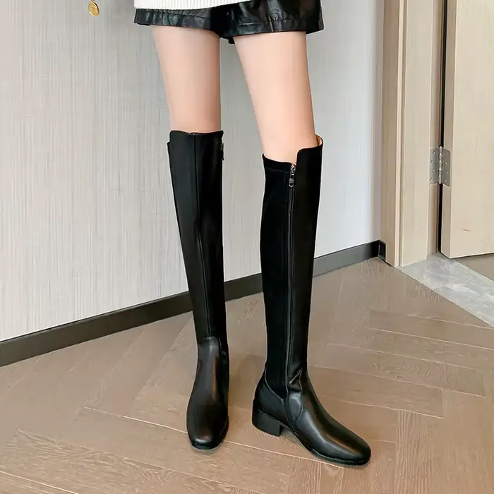 MKKHOU mode bottes hautes femmes nouvelle haute qualité en cuir véritable couture talon bas bottes e