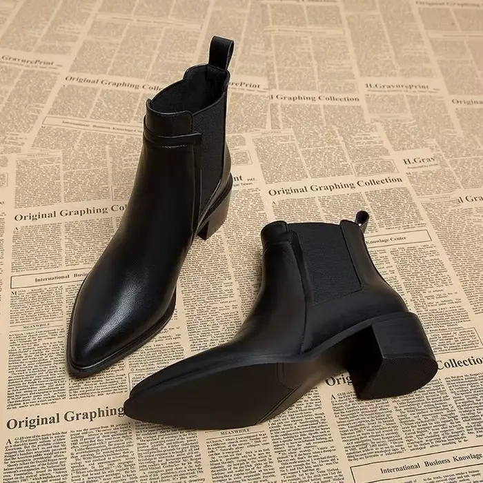 Bottines Chelsea à bout pointu pour femme, escarpins en cuir à talons mi-hauts, bottes courtes rétro