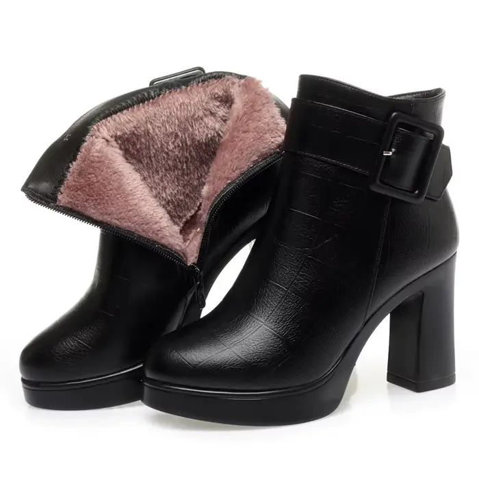 Bottines noires à talons hauts et épais pour femme, bottes en cuir élégantes avec décoration à boucl