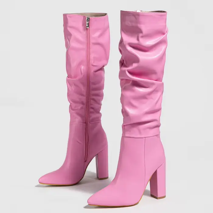 Bout pointu talon épais femmes bottes plissé côté fermeture éclair