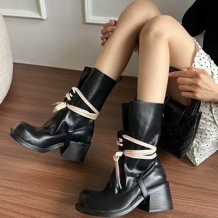Nouveau luxe rétro mat Style Punk avant à lacets mi-mollet dame bottes bout rond plate-forme tout-Ma