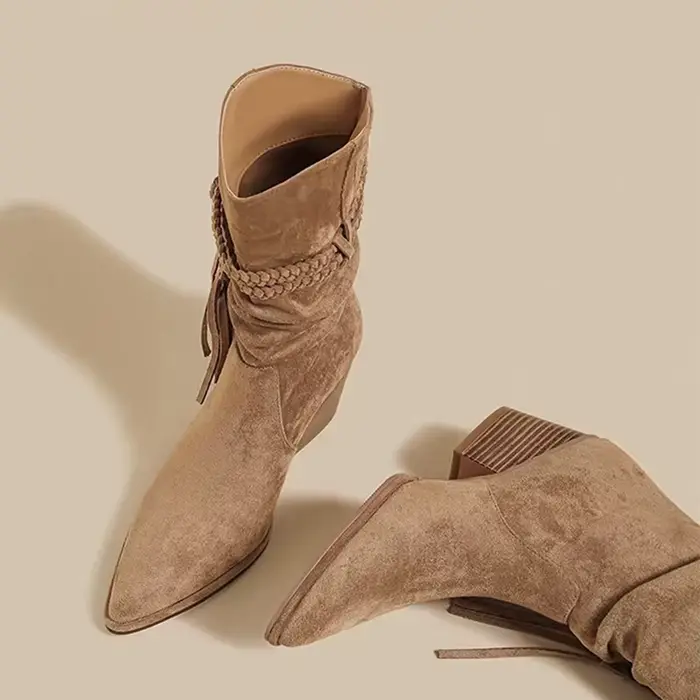 Bottes hautes en daim à franges pour femmes