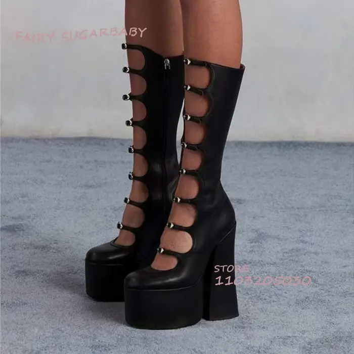 Bottes Lolita en Satin Rose avec Ceinture Ajourée et Plateforme, Chaussures de Princesse en Dentelle