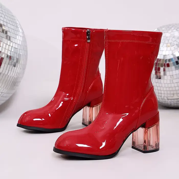 Bottines à talons hauts en cuir verni rouge pour femme, collection automne 2026, talon transparent, 
