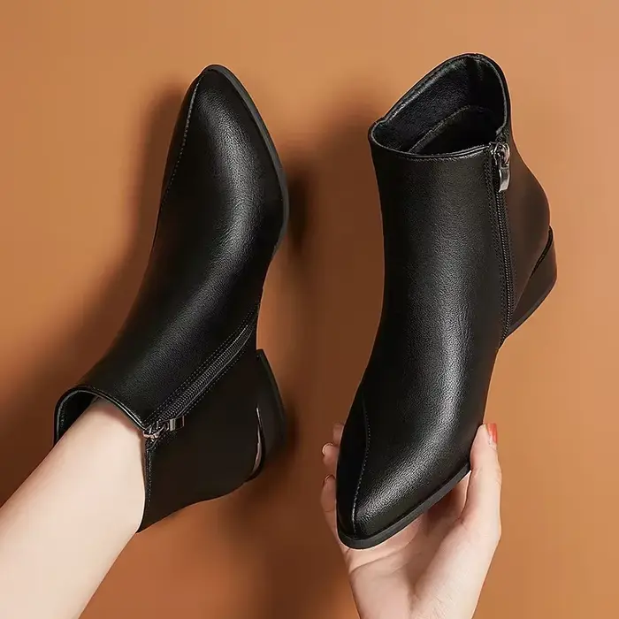 Bottes courtes pointues pour femmes, style de rue, printemps automne, talon carré bas, PU artificiel, zip latéral, occassions spéciales