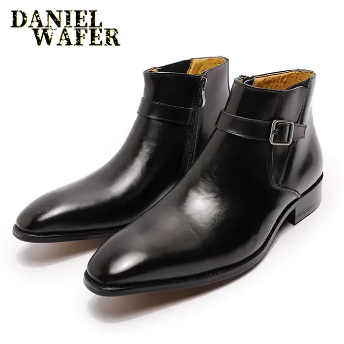 Bottines italiennes classiques en cuir véritable pour hommes, chaussures habillées montantes avec fe