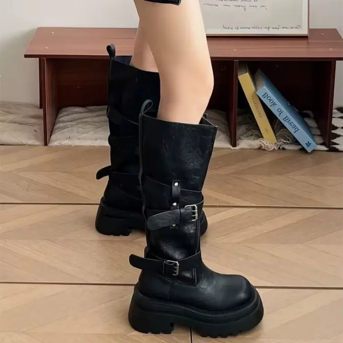 Bottes d'équitation mi-longues avec boucle de ceinture en cuir marron-noir