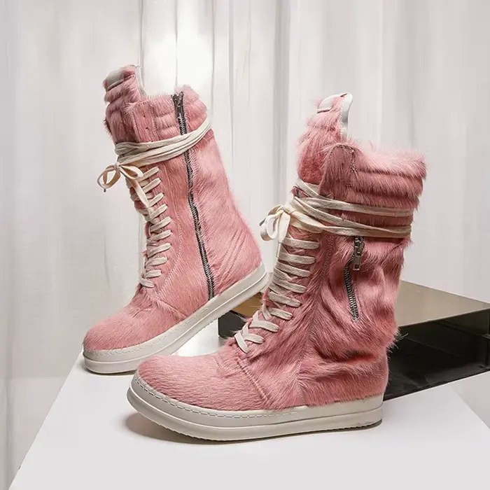 Couple Style loisirs bottes à fond épais chaussures de luxe crin en cuir véritable haut fermetures éclair à lacets baskets de rue