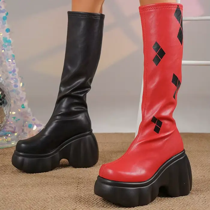 Bottes hautes à plateforme pour femmes, chaussures à semelles épaisses, motif géométrique, bottes à 