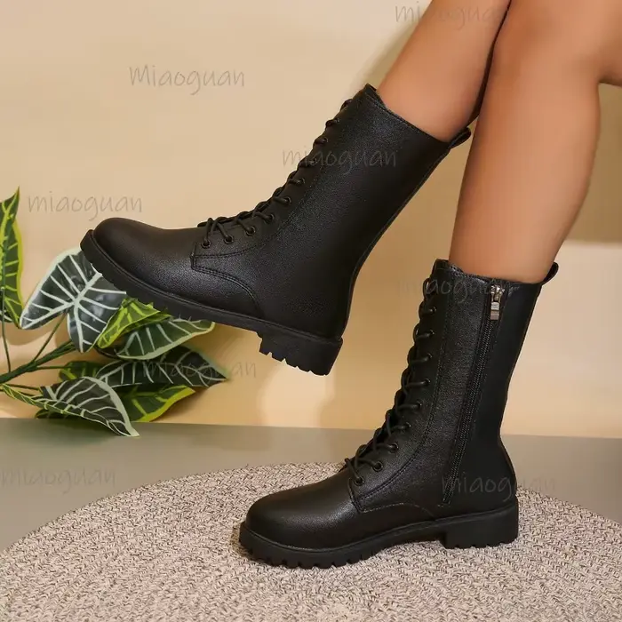 Bottes mi-mollet en cuir Pu à lacets pour femmes, chaussures courtes occidentales antidérapantes ave