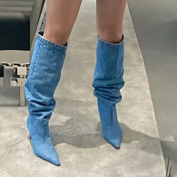 Bottes de cowboy en toile empilées bout pointu talons fins pour femmes printemps automne occassions spéciales