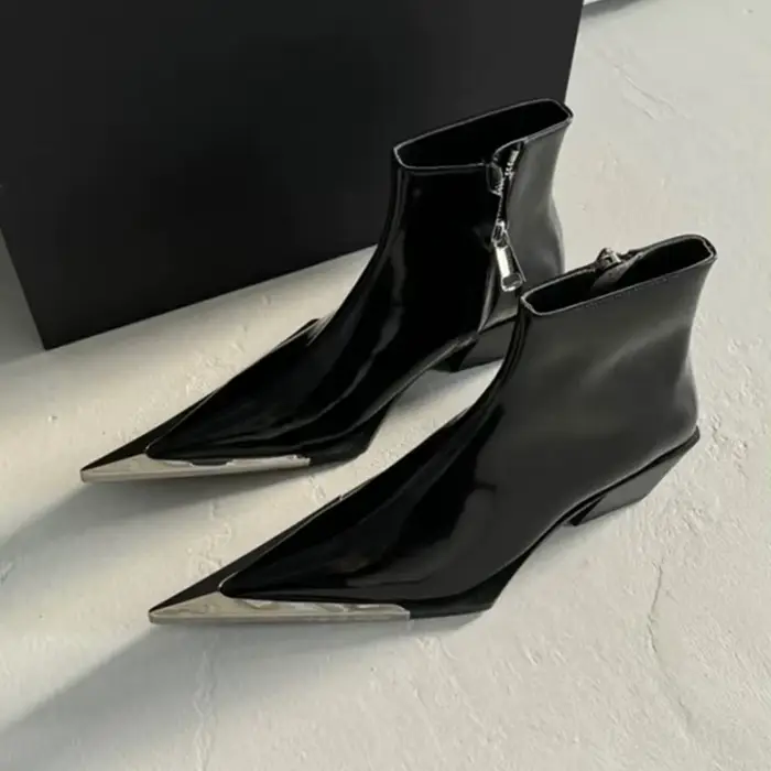 Bottines à fermeture éclair latérale pour femmes, bout pointu en métal, talon épais, style western c