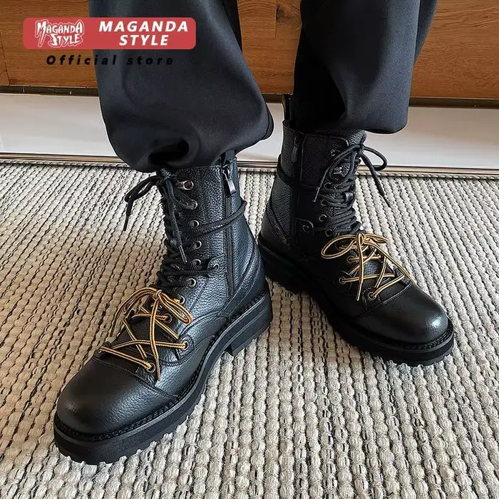 Couche de tête en peau de vache bottes courtes hommes à semelles épaisses hauteur augmentant parachutiste vêtements de travail conception fermeture éclair style à lacets chaussures de plein air
