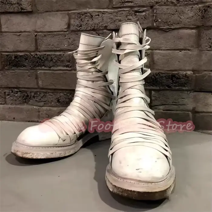 Bottes montantes noires pour hommes à lanières croisées multiples, style punk, talon épais, bout ron