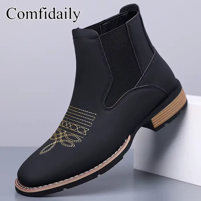 Bottines Chelsea rétro pour hommes, classiques marron brodées, de haute qualité, décontractées, Styl