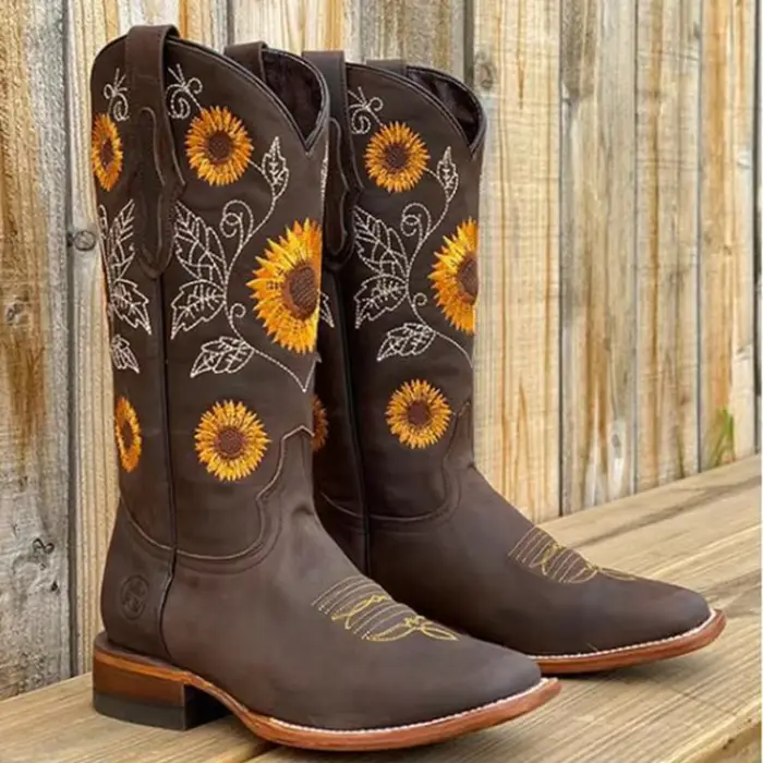 Bottes en cuir marron brodées pour femmes, chaussures de marche confortables, tube haut profond, cha