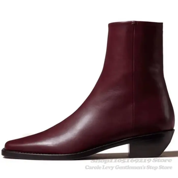 Vin rouge en cuir véritable hommes bottine bout pointu côté fermeture éclair talon bas à la main cou