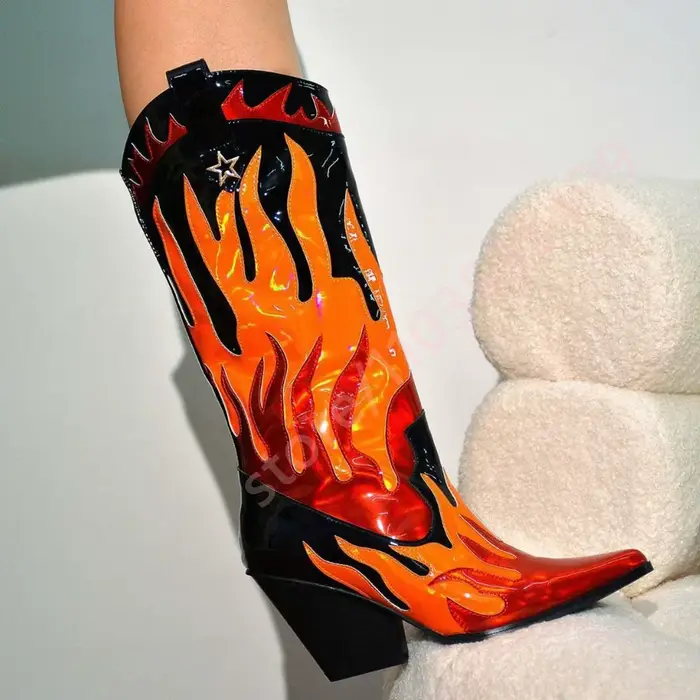 Bottes de scène à talons épais et pointus de couleurs mélangées, bottes de Cowboy occidentales Sexy 