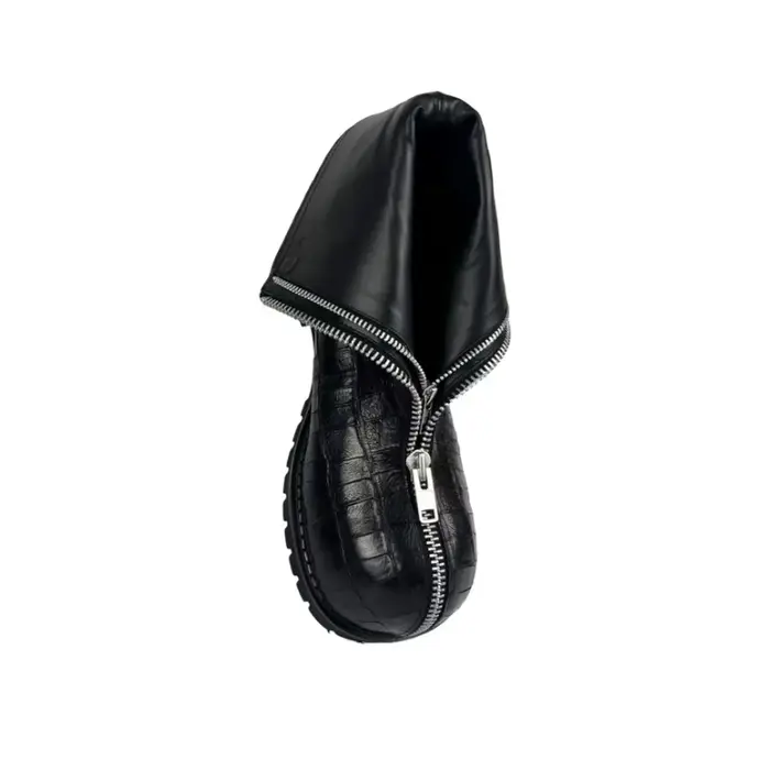 Nouvelles Bottes en Cuir Gaufré Crocodile à Bout Rond pour Hommes 2026, Bottes de Combat à Double Fe