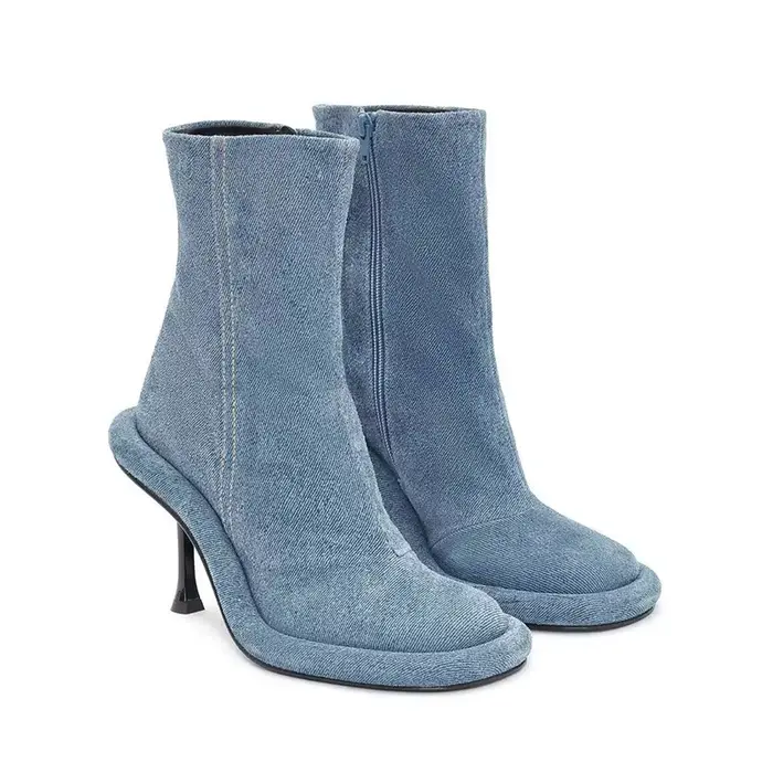 Bottes courtes en Denim bleu pour femmes, chaussures européennes et américaines à talons hauts, seme