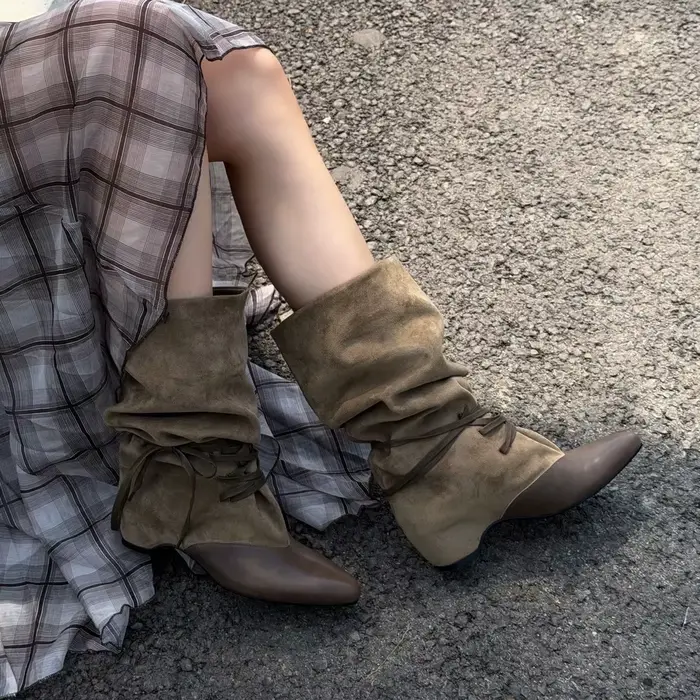 Bottes mi-mollet vintage à empiècements superposés pour femme
