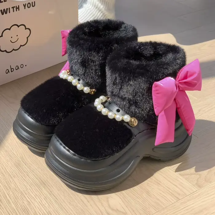 Femmes mode bottes de neige grand papillon hiver chaussures chaudes doux fausse fourrure anti-dérapa