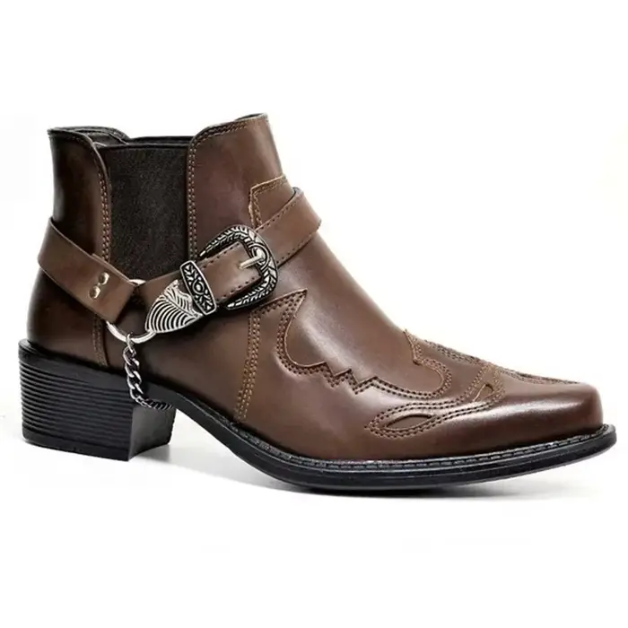 Mode 2025 hommes Vintage Cowboy bottes en cuir haut chaîne boucle sangle Punk chaussures bout pointu Biker