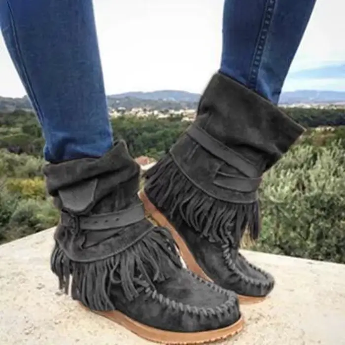 Bottines rétro à franges pour femmes, fermeture éclair latérale, noires, plates et chaudes, conforta