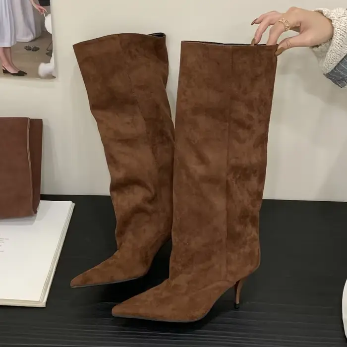 Eilyken mode Vintage talons fins femmes genou bottes hautes mode hiver Sexy bout pointu décapant cha