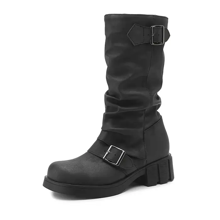 Chaussures gothiques plissées à bout rond pour femmes, marron foncé, pour l'hiver et l'automne, plat