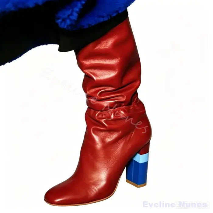Bottes hautes plissées à lacets pour femme, colorées, à talon carré et bout rond, style défilé, nouv