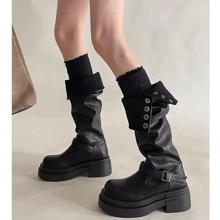 Nouvelles bottes mi-mollet pliables et réversibles pour femmes - Bottes tendance à plateforme avec b