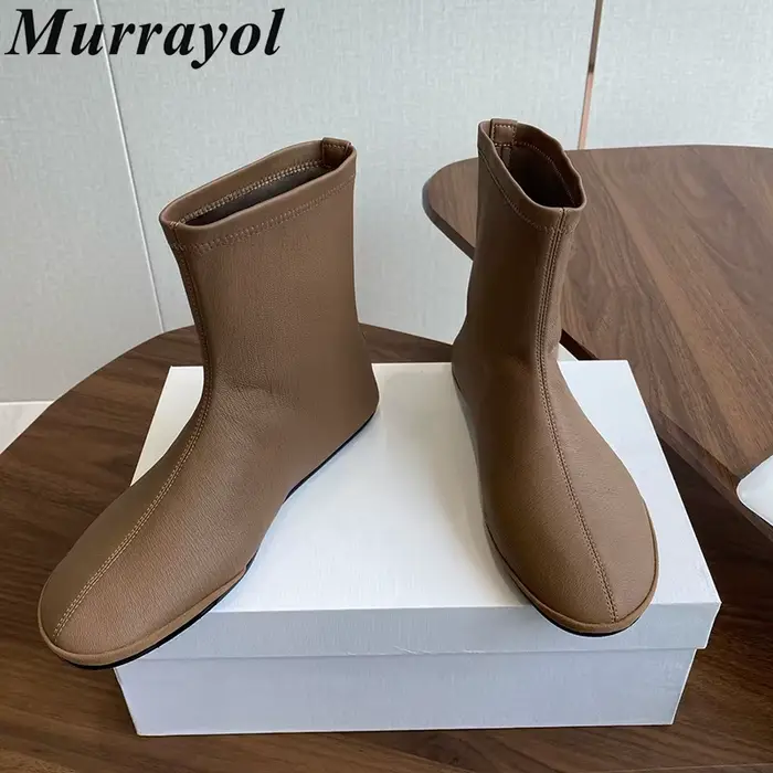 Femmes doux en cuir véritable fond plat bottes courtes bout rond respirant cheville Botas dames automne hiver