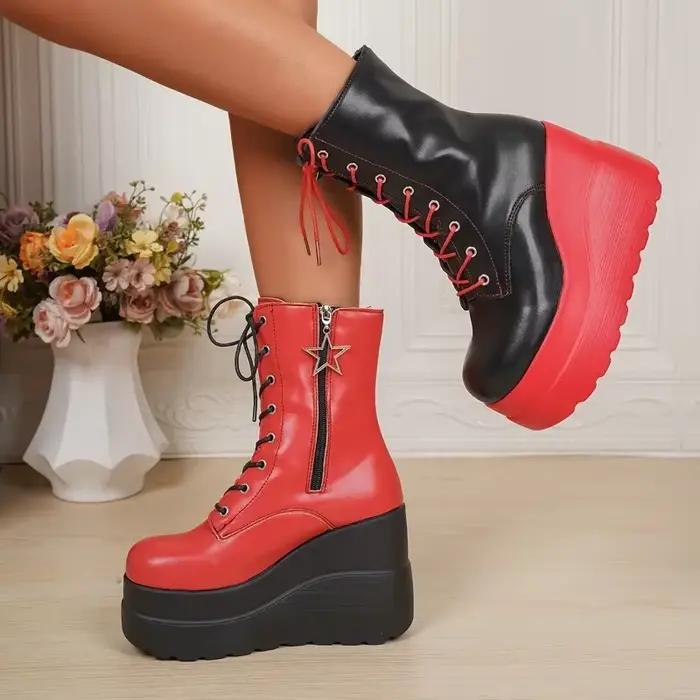 11CM nouveau Design femmes Punk gothique moto bottes plate-forme gros talon haut bottine dames Cool coin noir rouge femme chaussures