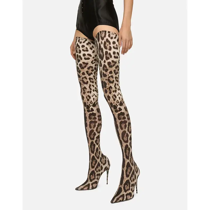 Bottes au dessus du genou Sexy imprimé léopard pour femmes, talons aiguilles élastiques et fins, lon